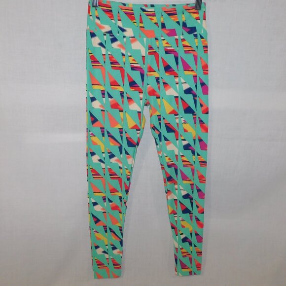 LuLaroe Teal Multicolour Zig Zag Pattern Print Womens Leggings OS size 2 -10 - Picture 3 of 7